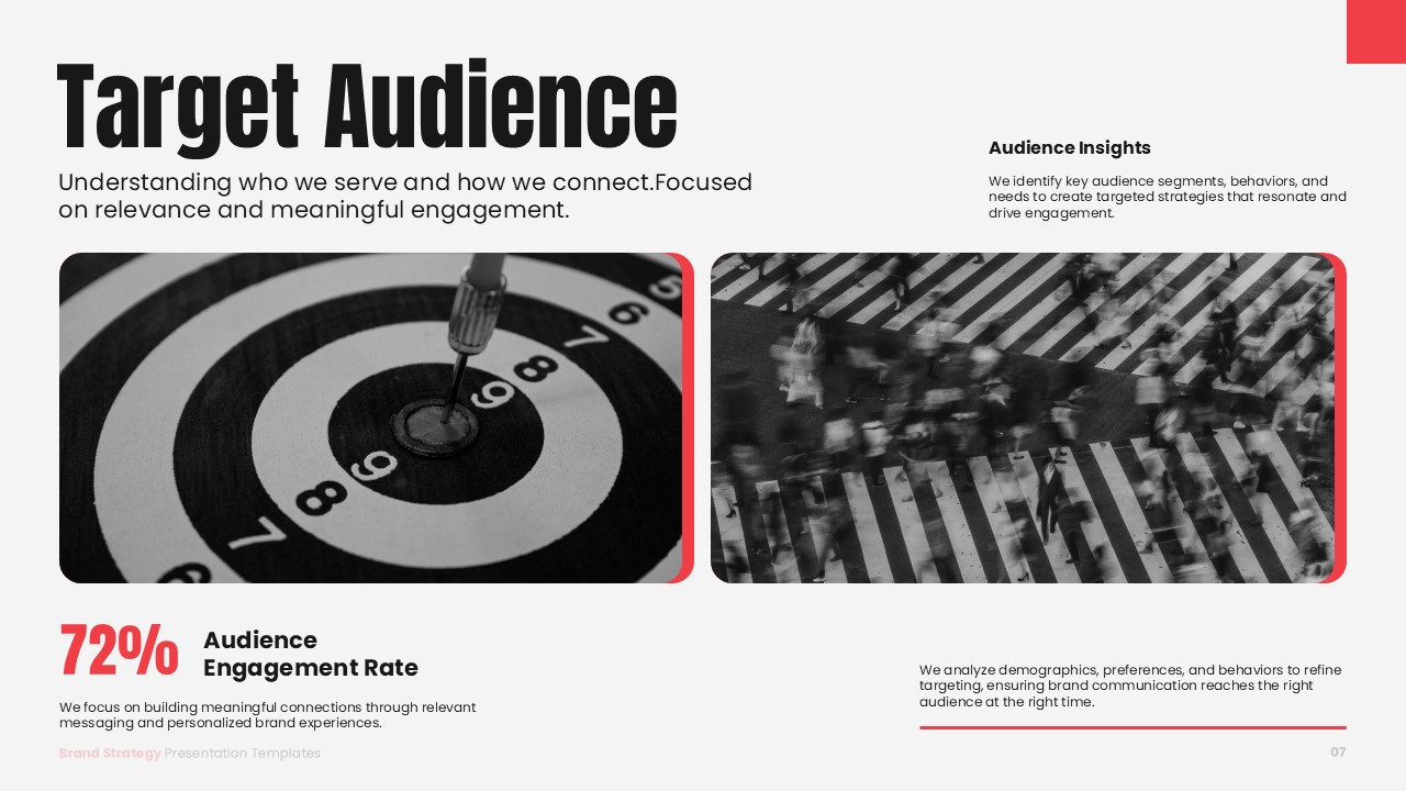 Brand Strategy Template - target audience slide with 72% engagement statistic, dartboard and crowd imagery