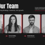 Brand Strategy Template - team slide showcasing four professionals with headshots and red accent borders