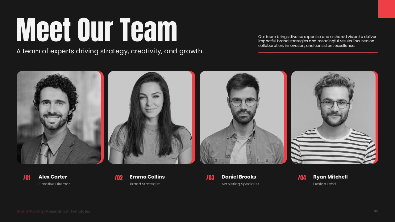 Brand Strategy Template - team slide showcasing four professionals with headshots and red accent borders