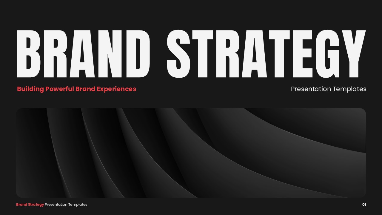 Brand Strategy Template - title slide with bold white text on dark geometric background with curved elements