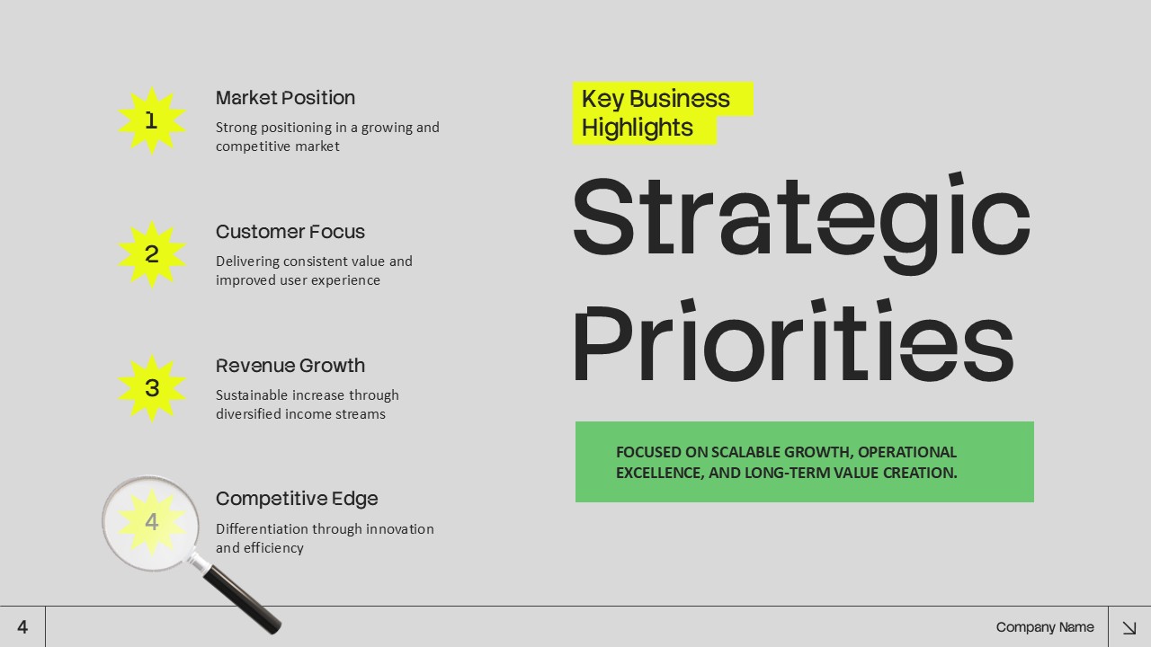 Business Executive Summary Template - customer focus slide with strategic priority highlighting and magnifying glass