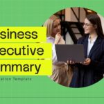 Business Executive Summary Template - key focus areas slide with 2x2 grid layout and magnifying glass overlay