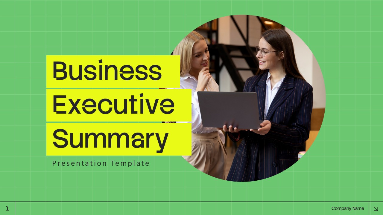 Business Executive Summary Template - key focus areas slide with 2x2 grid layout and magnifying glass overlay