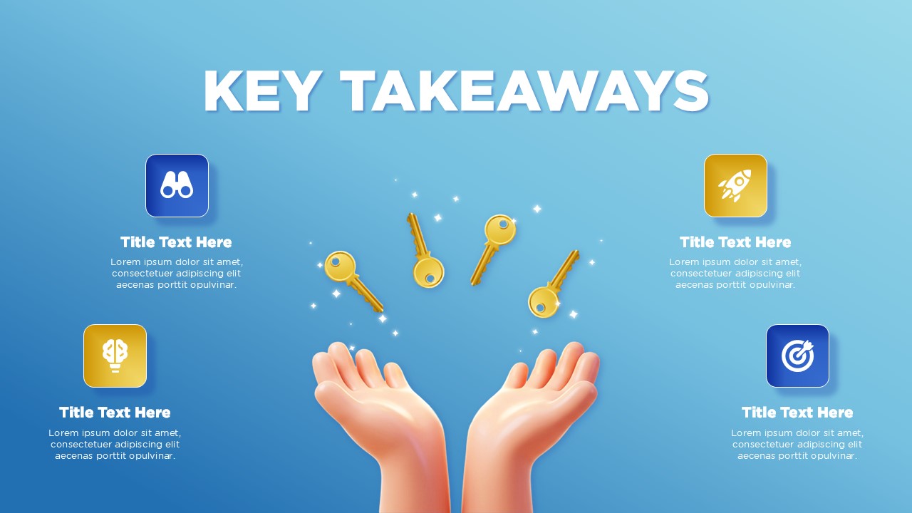 Two open 3D hands catching falling golden keys with sparkles to represent gathering multiple creative conclusions.