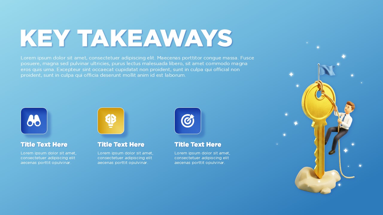 3D character climbing a vertical golden key with a rope to reach a blue flag at the top on a bright blue background