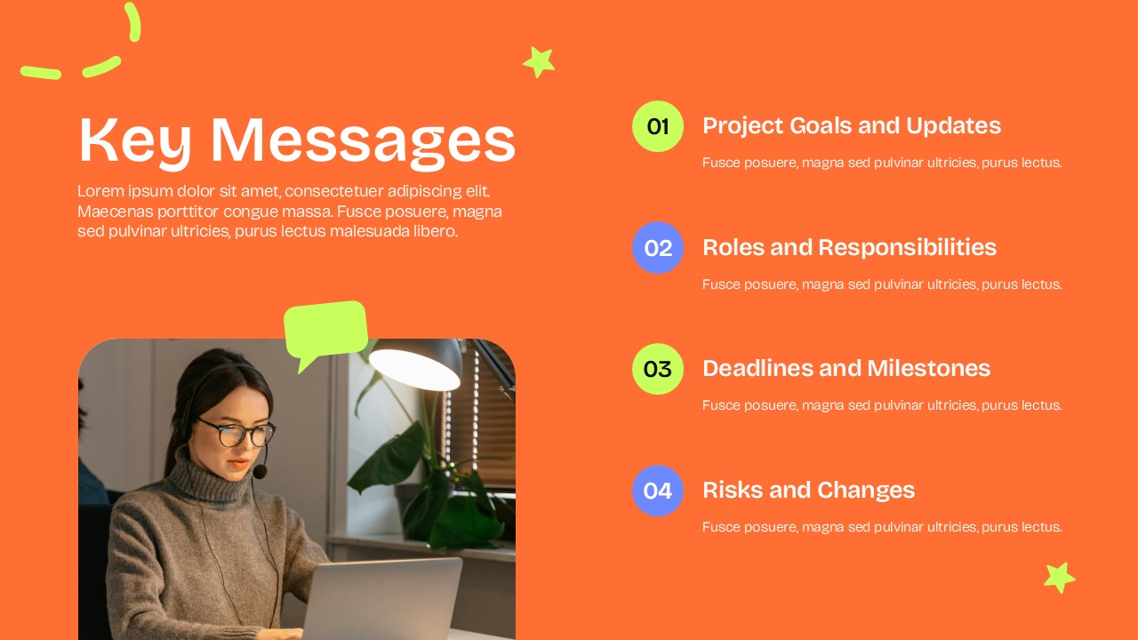 Key Messages Template - Orange slide with four numbered communication areas