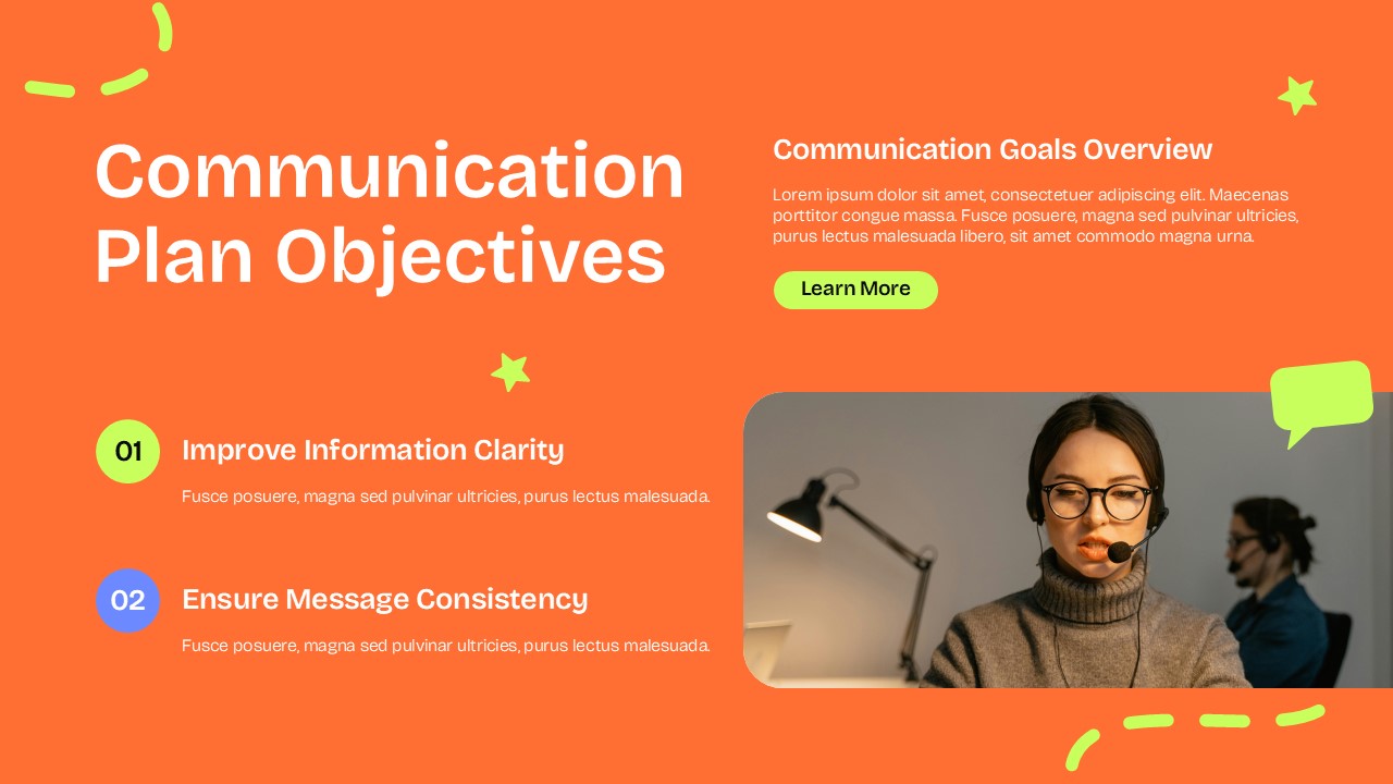 Communication Plan Objectives - Orange slide with numbered goals
