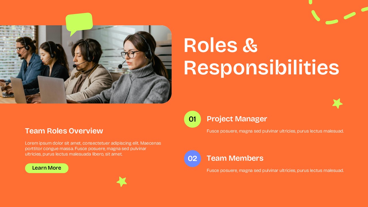Roles Responsibilities Template - Orange slide with team photo