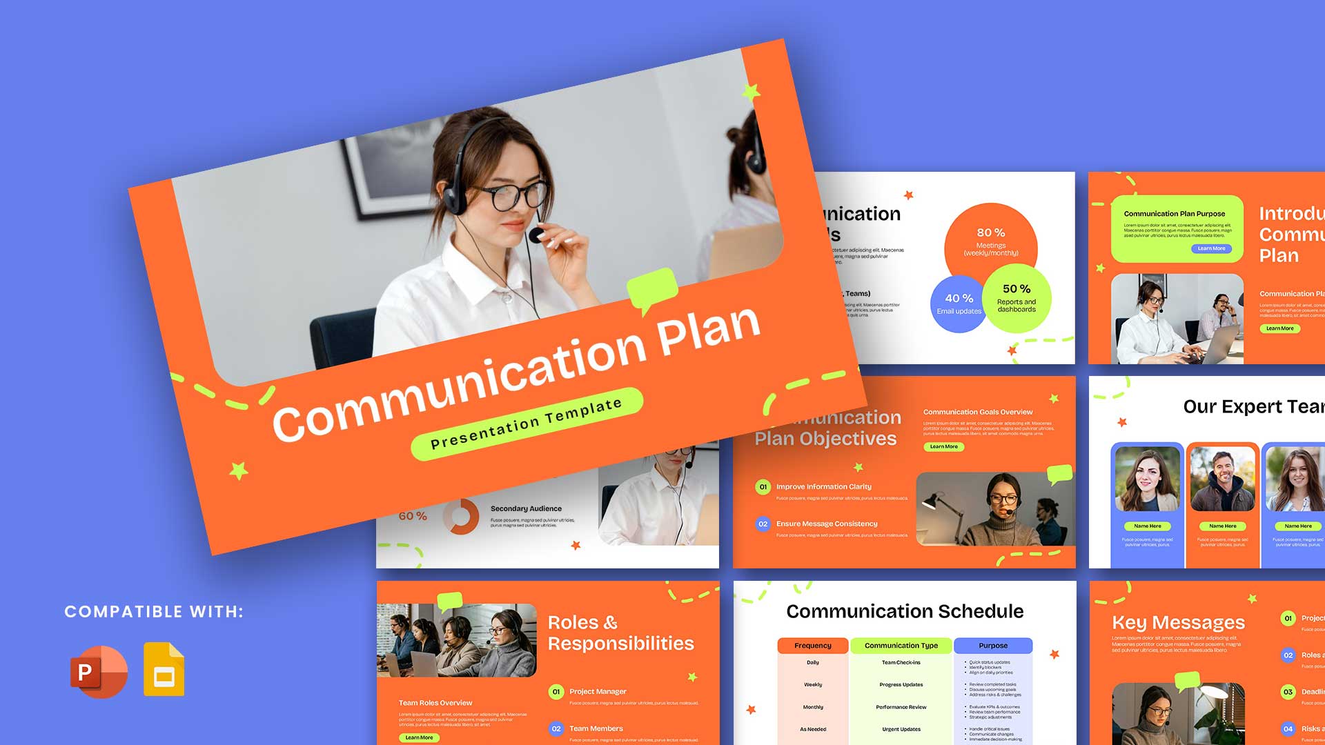 Communication Plan Template - Orange cover slide with professional woman