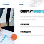 Corporate Strategy Company Overview - Vision and mission sections paired with hands analyzing business charts imagery