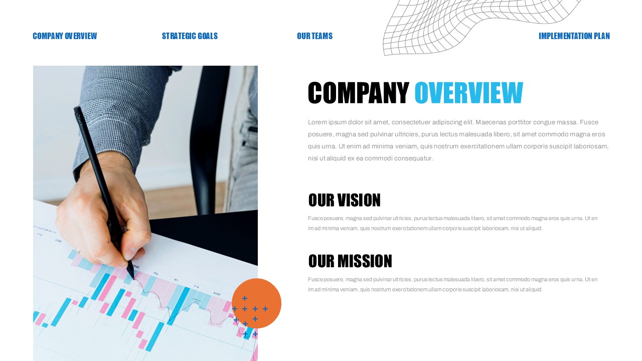 Corporate Strategy Company Overview - Vision and mission sections paired with hands analyzing business charts imagery