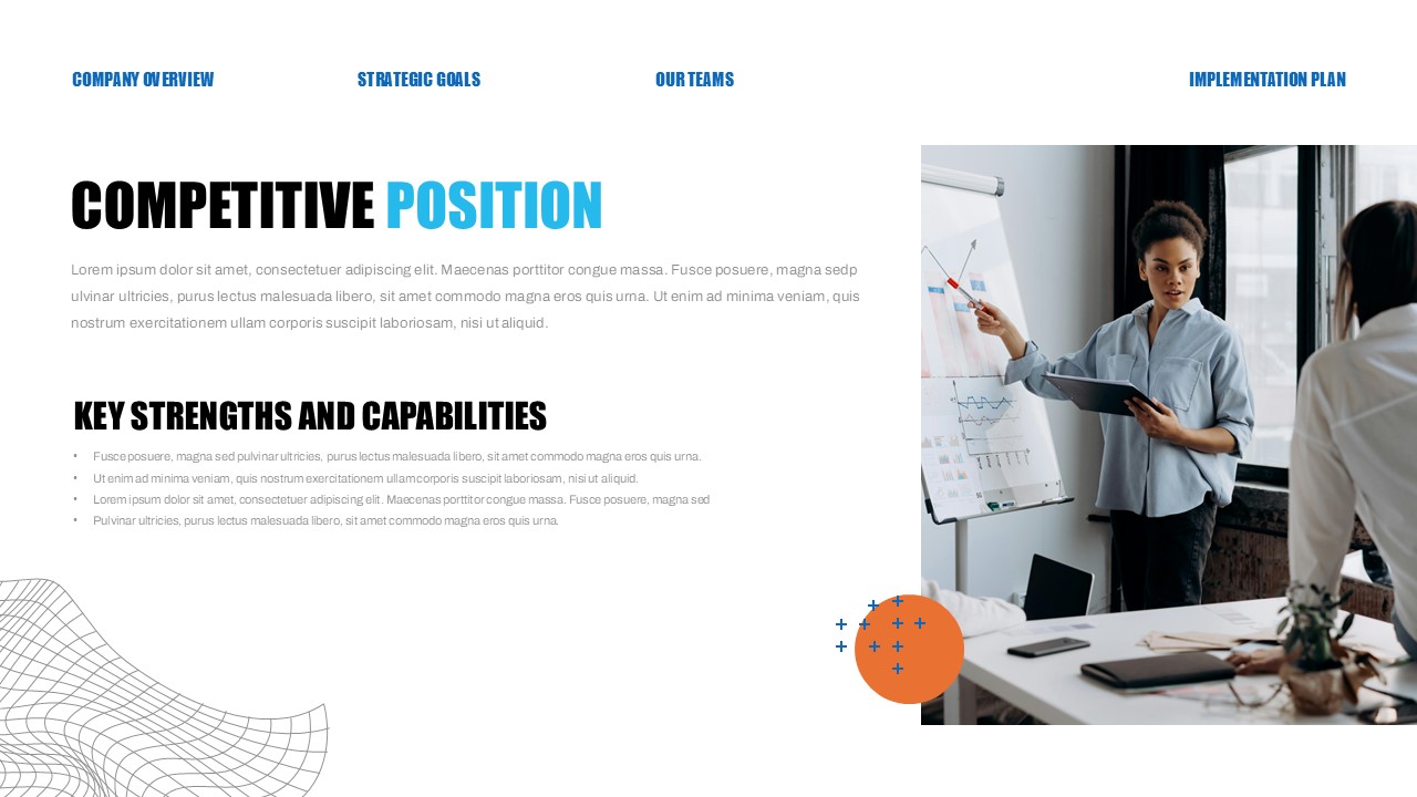 Corporate Strategy Competitive Position - Key strengths outlined beside professional business presentation scene