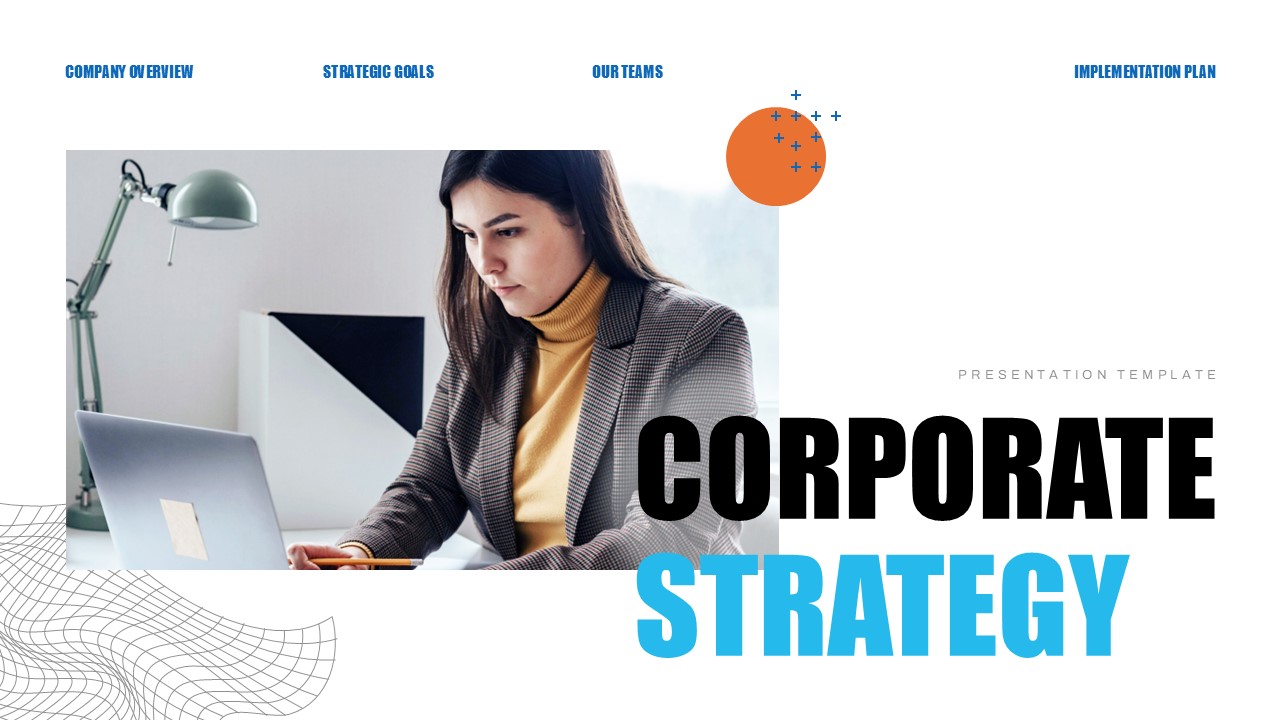 Corporate Strategy PowerPoint Template - Navigation tabs guide through strategy sections with wireframe design elements