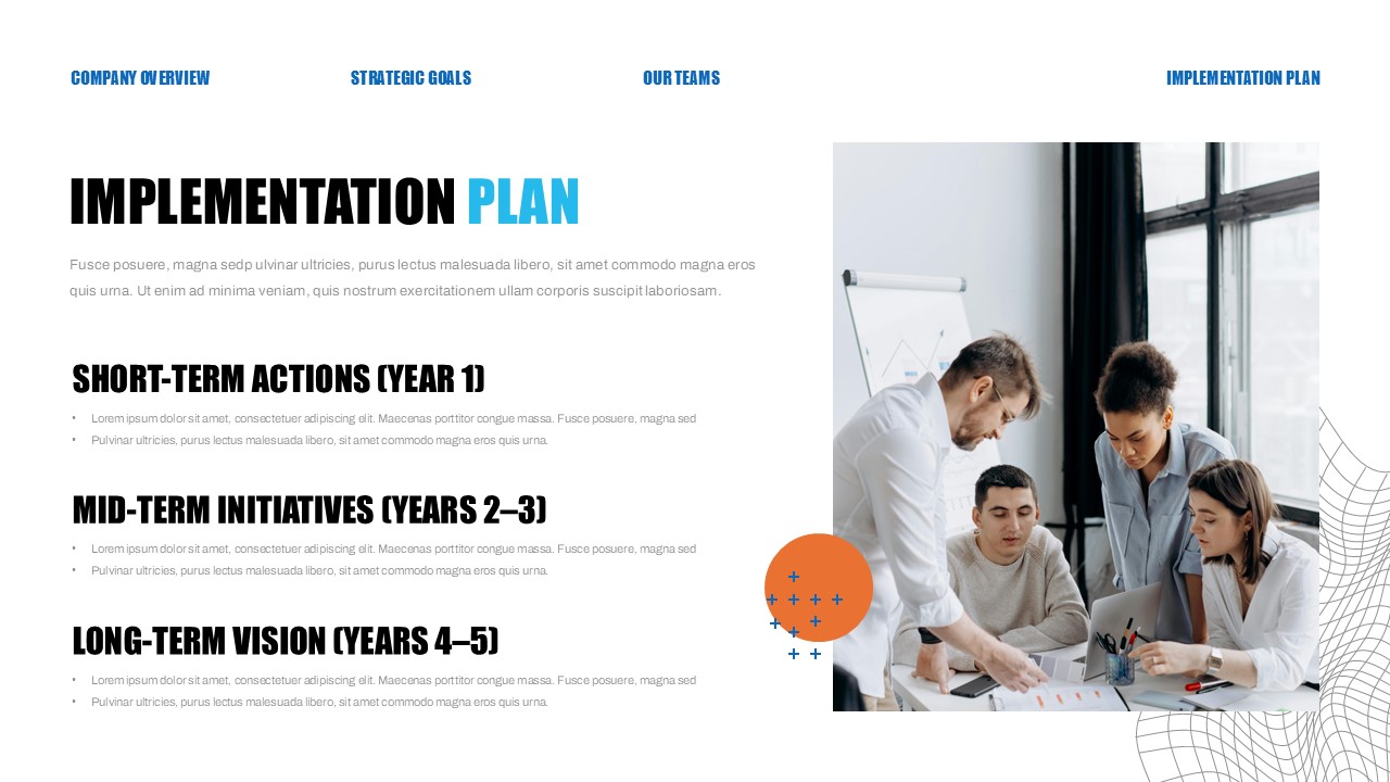 Corporate Strategy Implementation Plan - Timeline phases from short-term to long-term paired with collaborative meeting