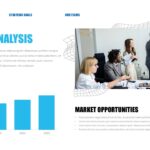 Corporate Strategy Market Analysis - Blue bar chart shows growth trajectory alongside business meeting collaboration photo