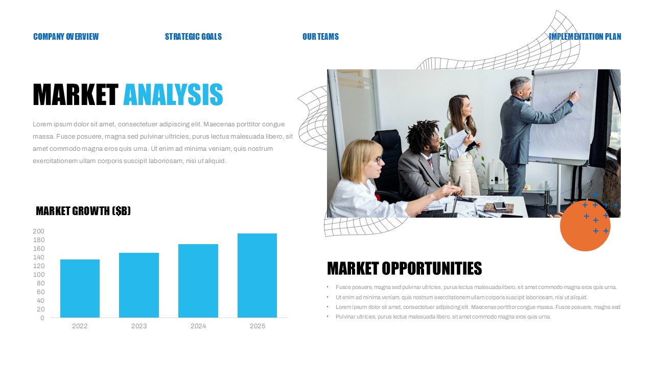 Corporate Strategy Market Analysis - Blue bar chart shows growth trajectory alongside business meeting collaboration photo