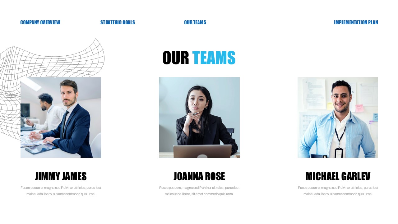Corporate Strategy Team Members - Three professional headshots introduce key strategy leaders with clean spacing