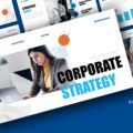 Corporate Strategy Template - Professional businesswoman at laptop with flowing wireframe graphics and orange accents