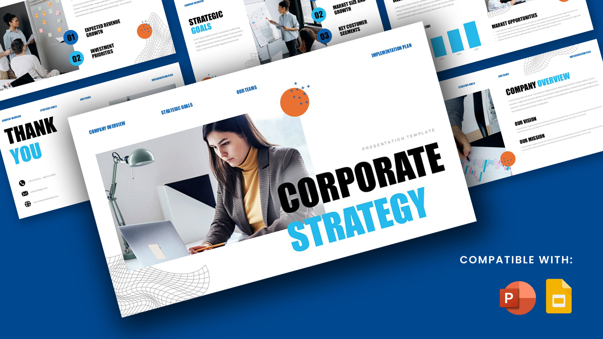 Corporate Strategy Template - Professional businesswoman at laptop with flowing wireframe graphics and orange accents