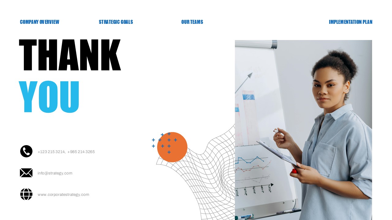Corporate Strategy Thank You - Contact details and presentation closing paired with professional analytics imagery