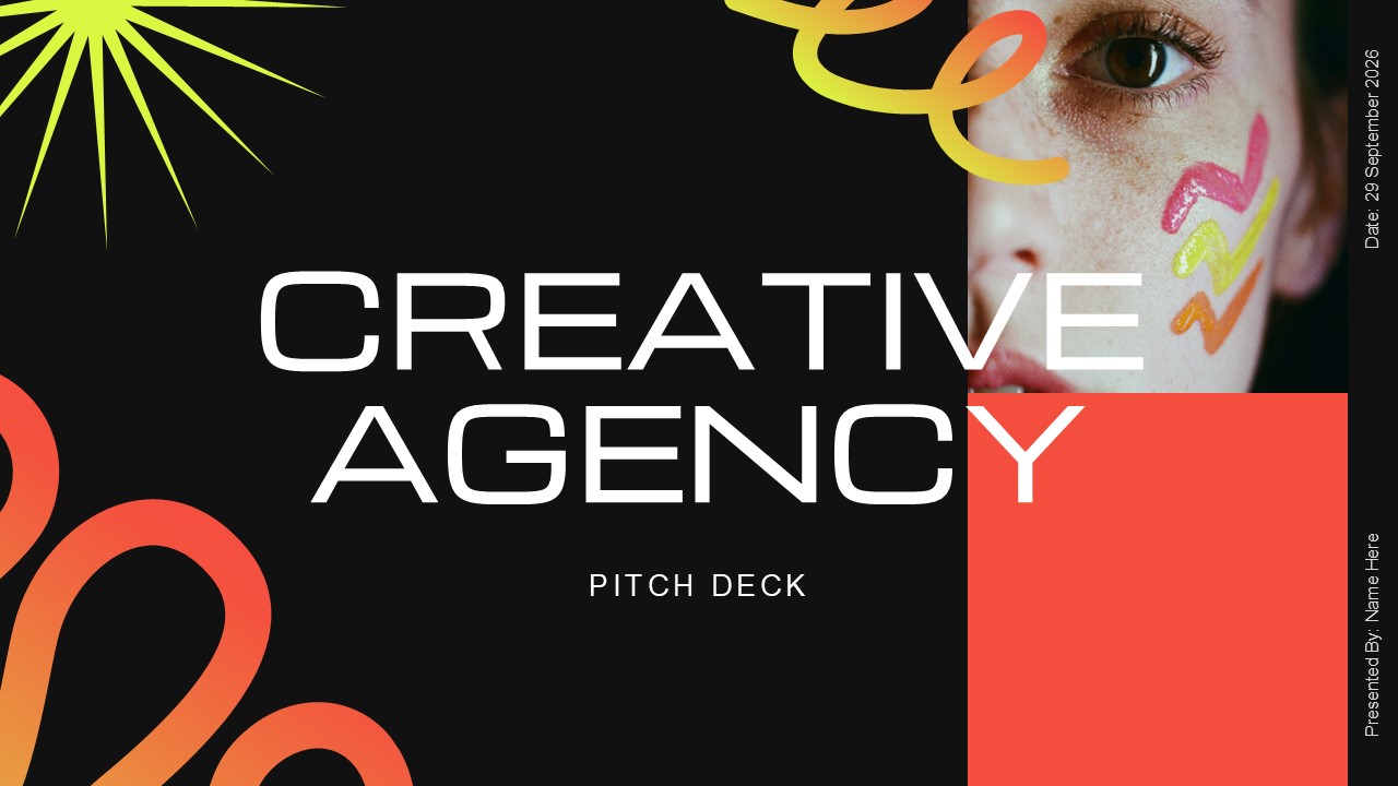 Creative Agency Pitch Deck - Bold title slide with artistic portrait and flowing colorful elements creating visual impact
