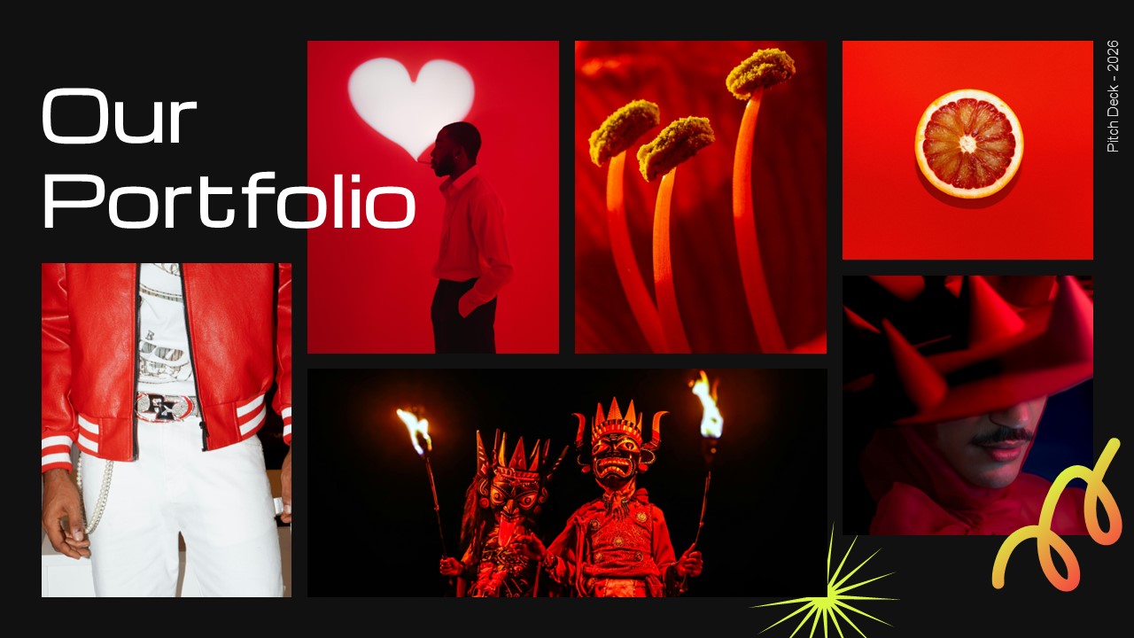Creative Agency Portfolio - Six red-themed images creating cohesive visual story across different creative categories