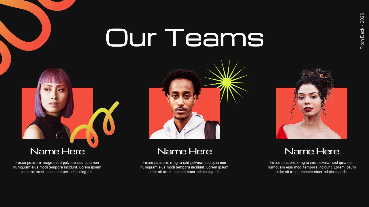 Creative Agency Team - Three diverse team member portraits in red frames showcasing the human talent behind services