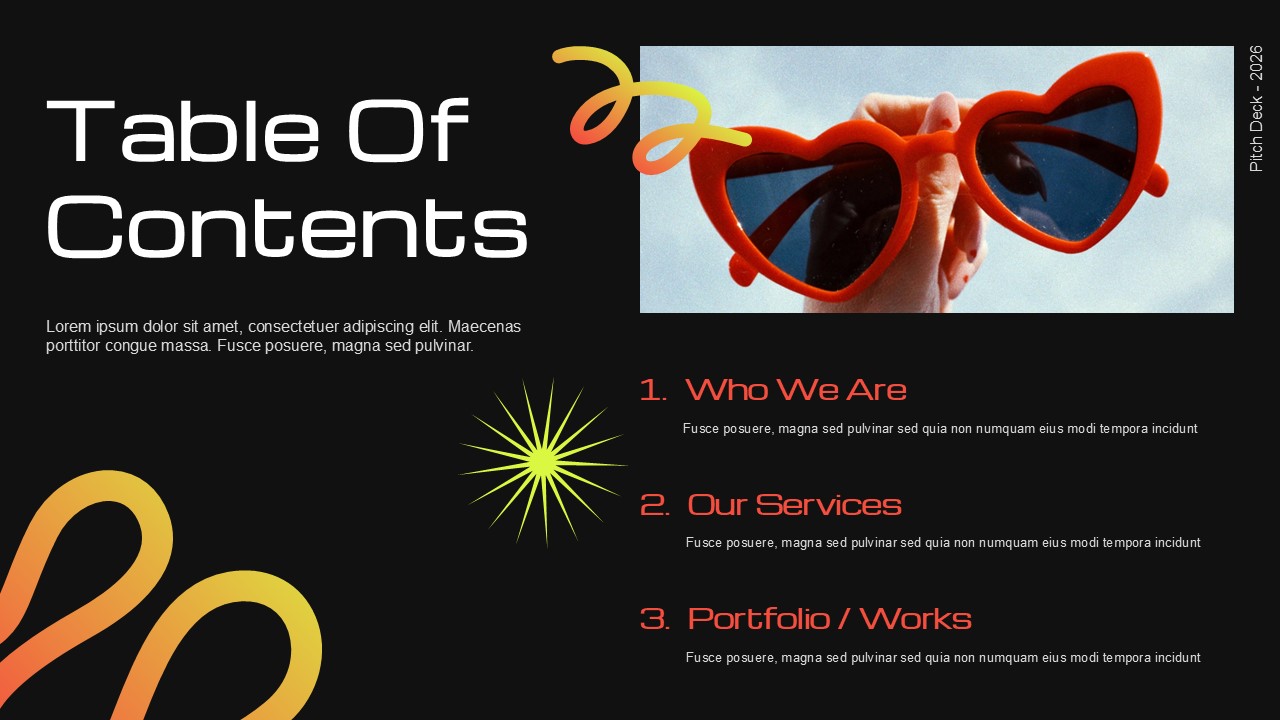 Creative Agency Table Contents - Clean layout with heart sunglasses image guiding through three key presentation sections