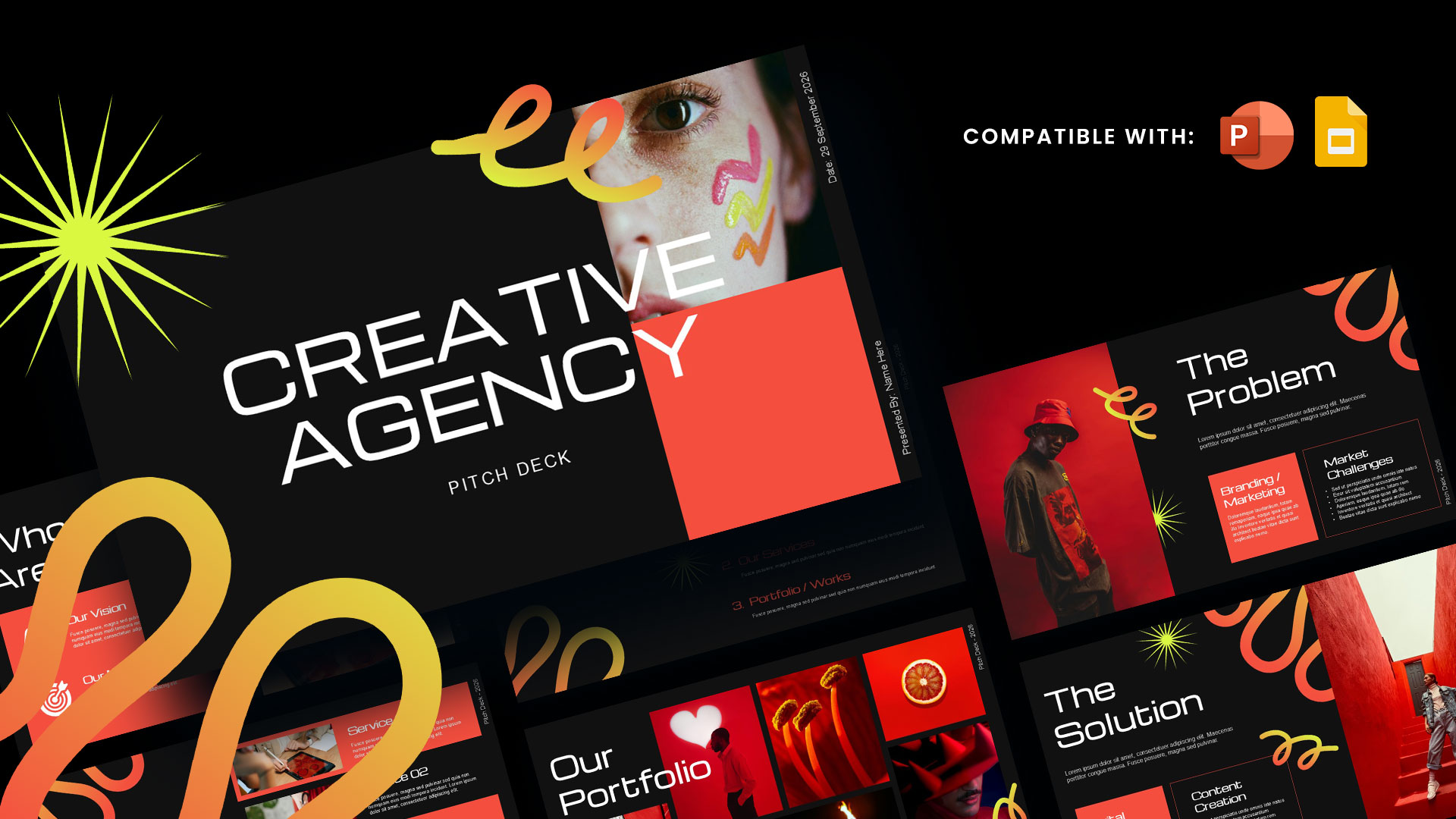 Creative Agency Pitch Deck Template - Dynamic overview showcasing vibrant slides with red-orange gradients and modern design