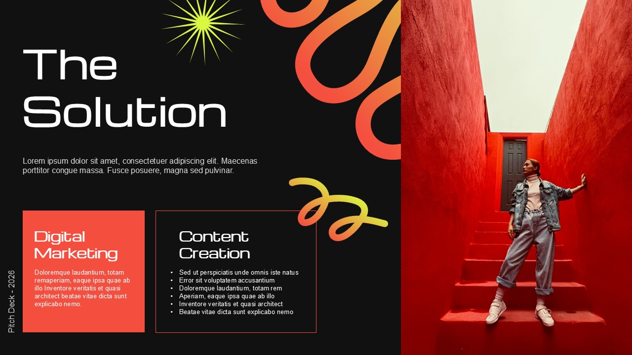 Creative Agency Solution - Dynamic red architecture photo presenting digital marketing and content creation solutions