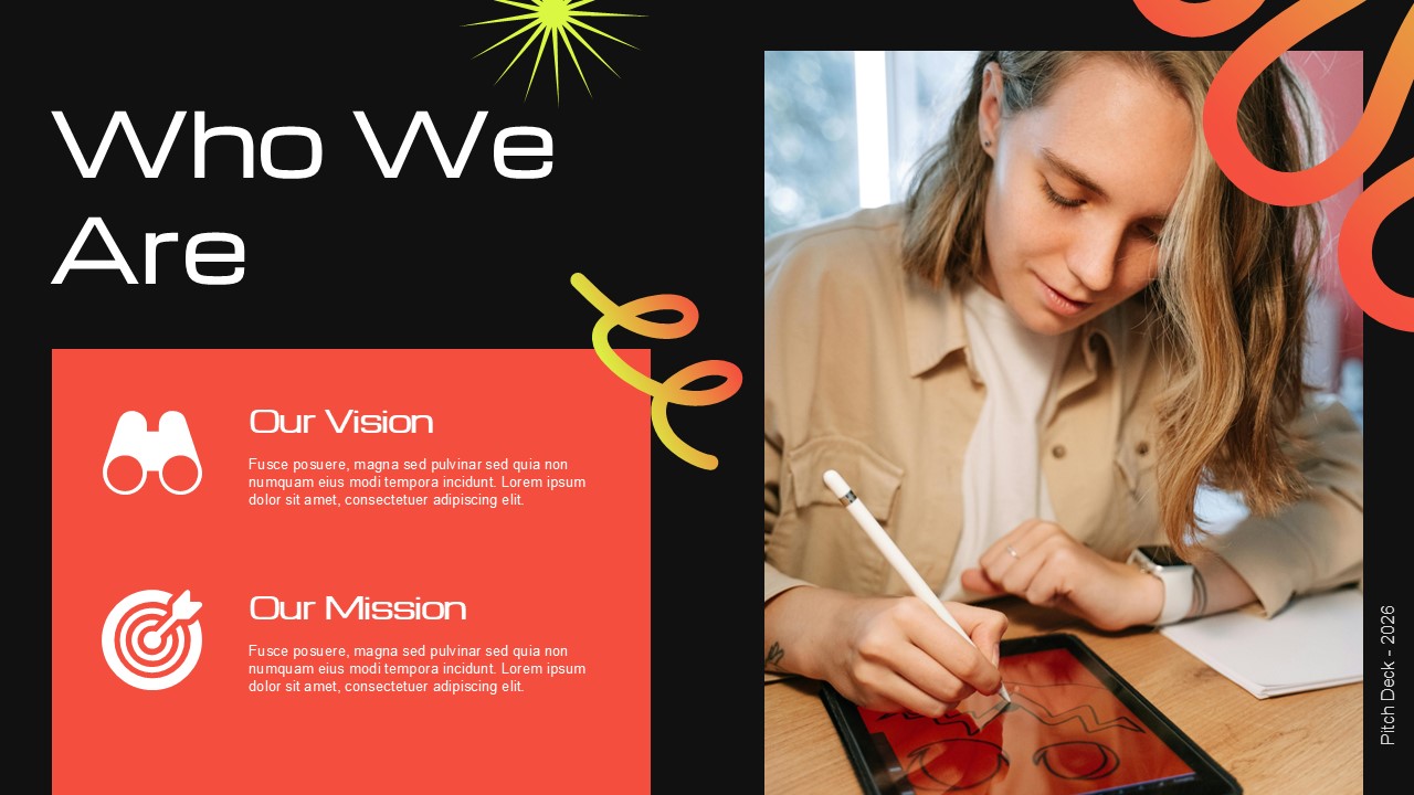 Creative Agency Who We Are - Professional woman with tablet illustrating company vision and mission with targeted icons