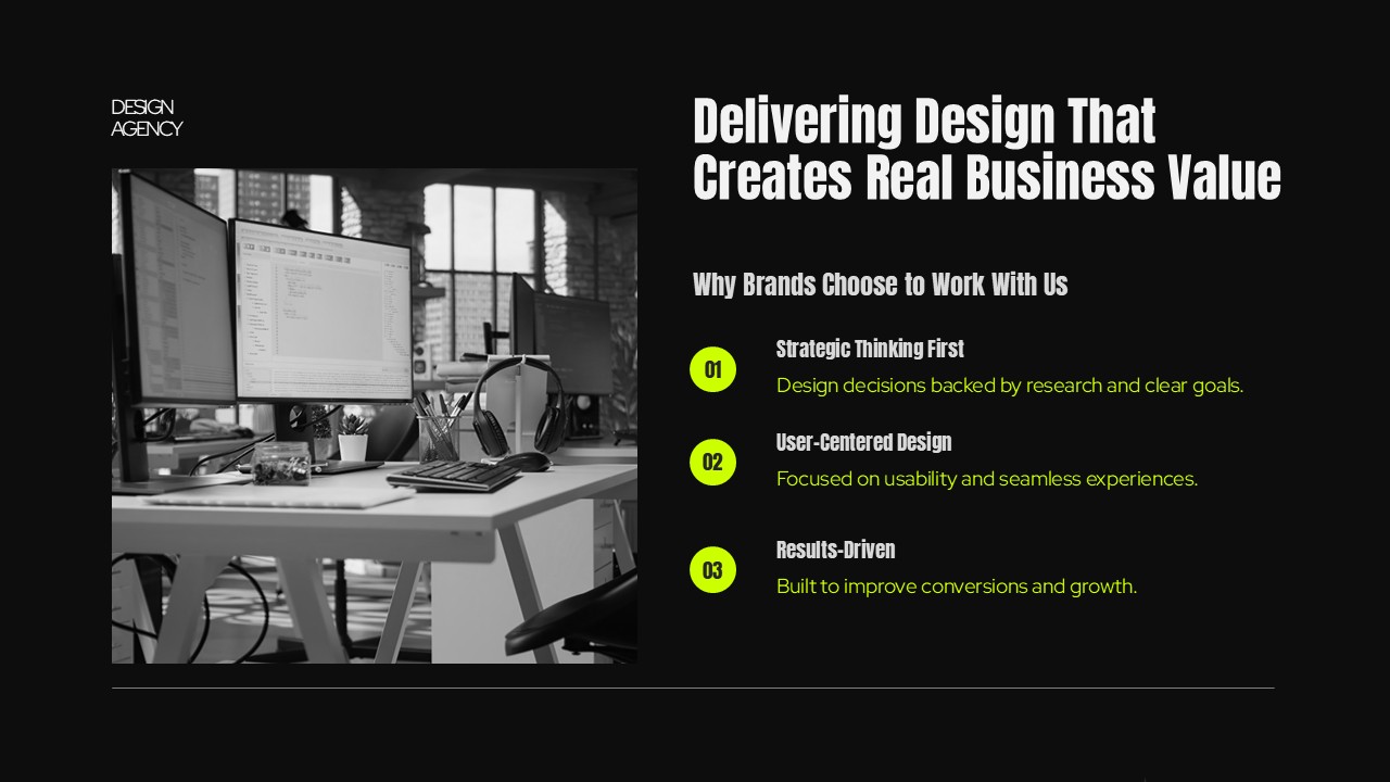 Design Agency Value - Workspace imagery paired with strategic thinking and results-driven approach benefits