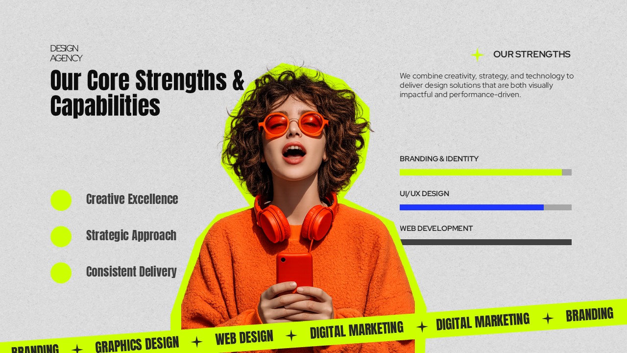 Design Agency Capabilities - Team member portrait with skill proficiency bars for branding, UX, and development