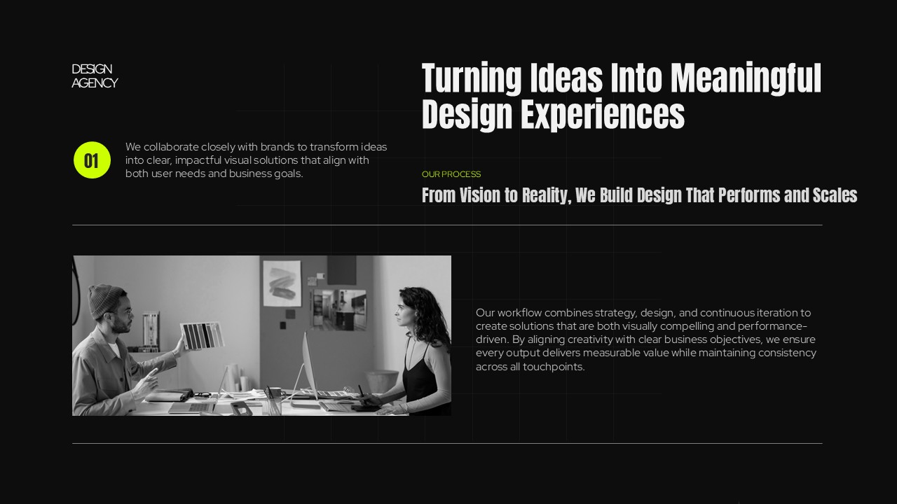 Design Agency Collaboration - Team working together with process explanation from vision to scalable reality