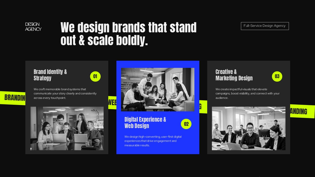 Design Agency Services - Three-column layout showcasing brand identity, digital design, and marketing solutions