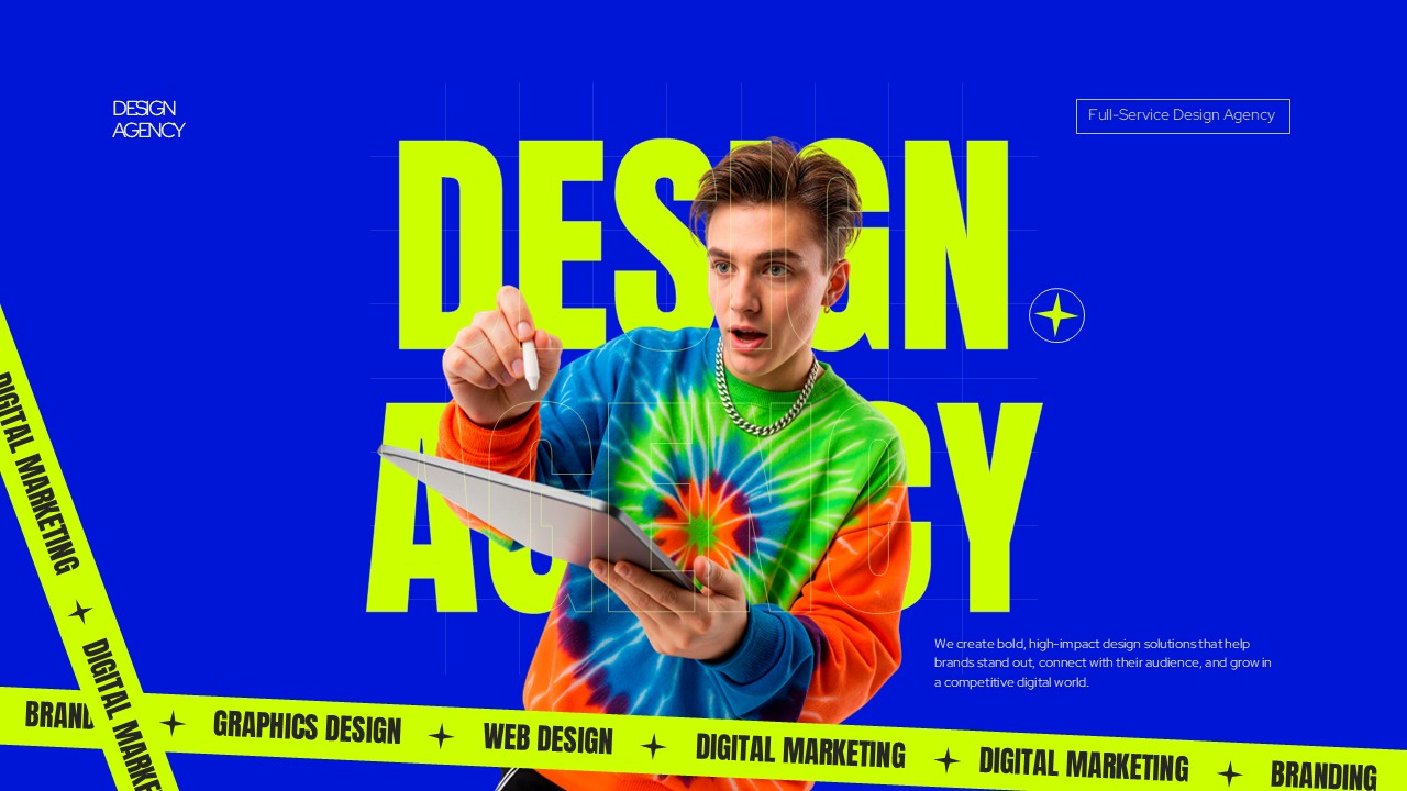 Design Agency Presentation - Creative layout blending model imagery with mission statement and service highlights