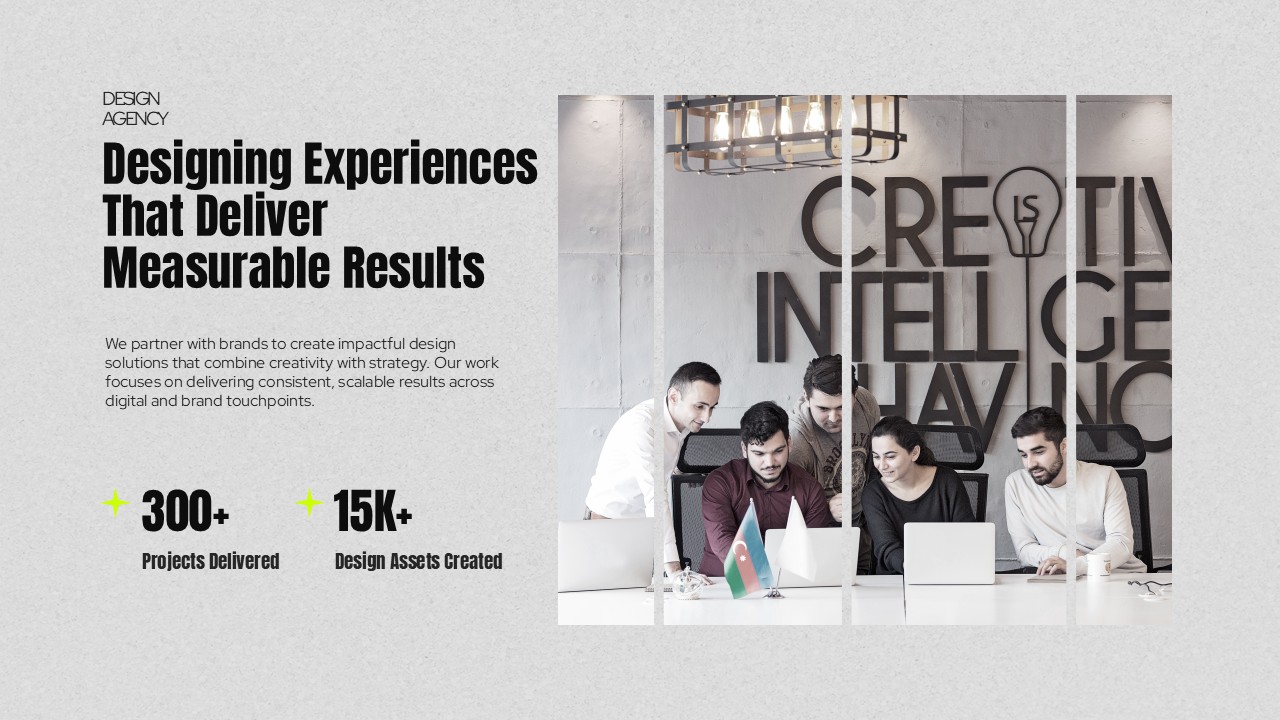 Design Agency Results - Conference room meeting scene with 300+ projects and 15K+ design assets metrics