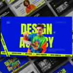 Design Agency Template - Bold yellow typography overlays vibrant blue background with creative professional