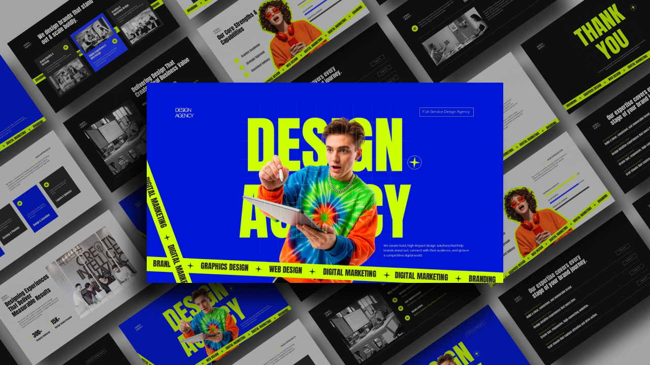 Design Agency Template - Bold yellow typography overlays vibrant blue background with creative professional