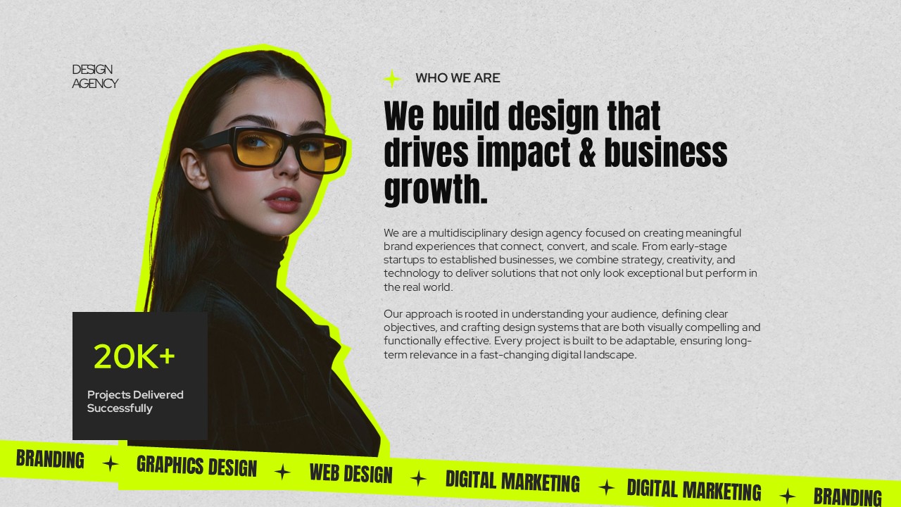 Design Agency About - Portrait of creative professional with yellow-outlined styling and company achievements