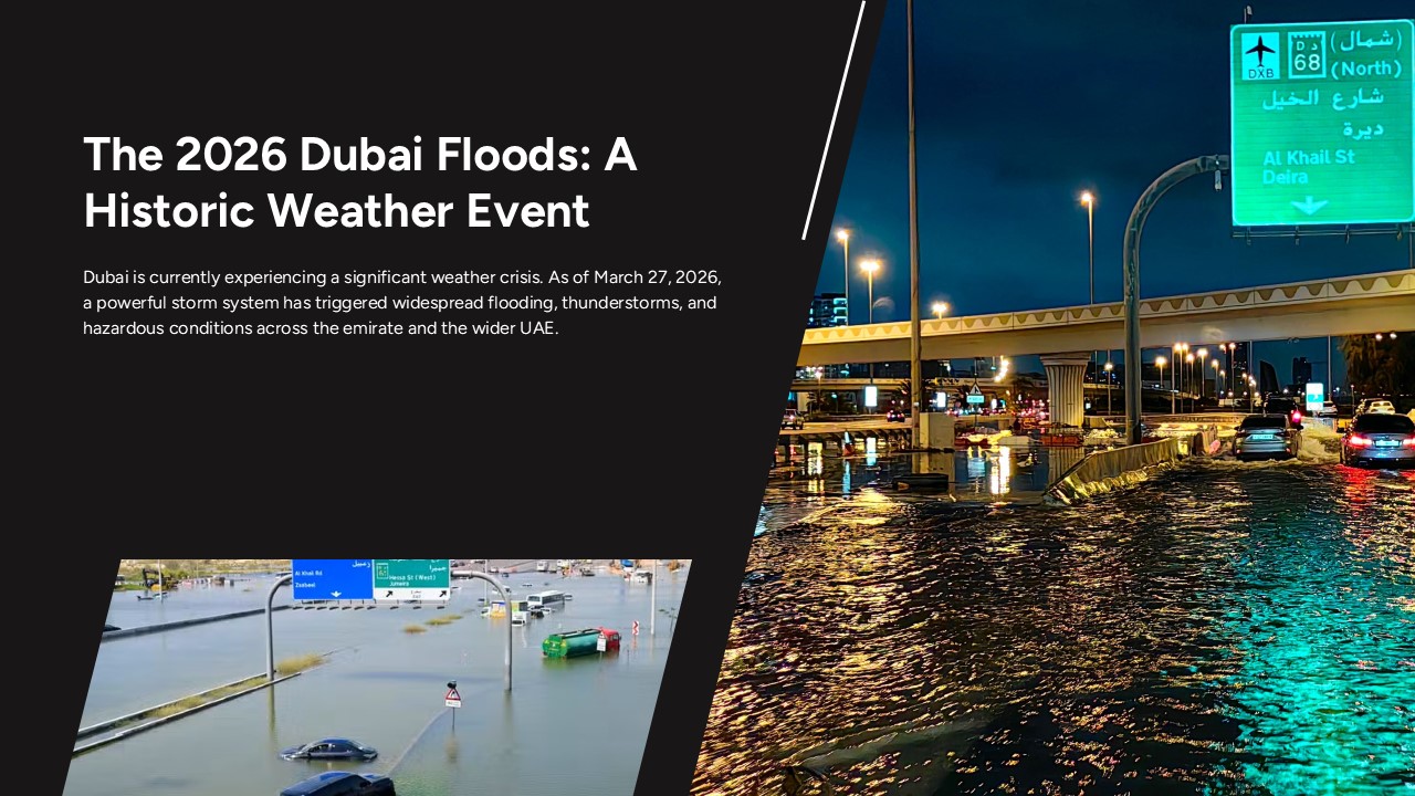 Dubai Floods PowerPoint Template - Main presentation cover slide