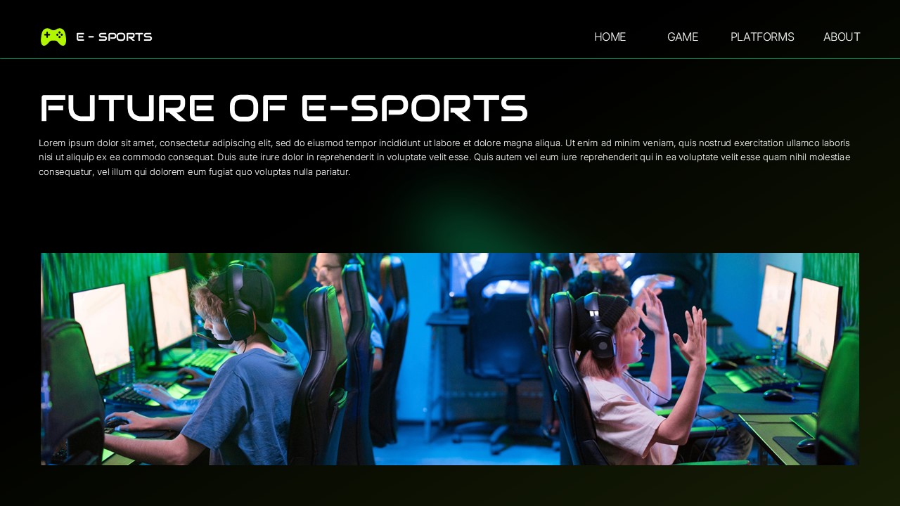 E-Sports Gaming Template - future slide with panoramic gaming environment image and text space