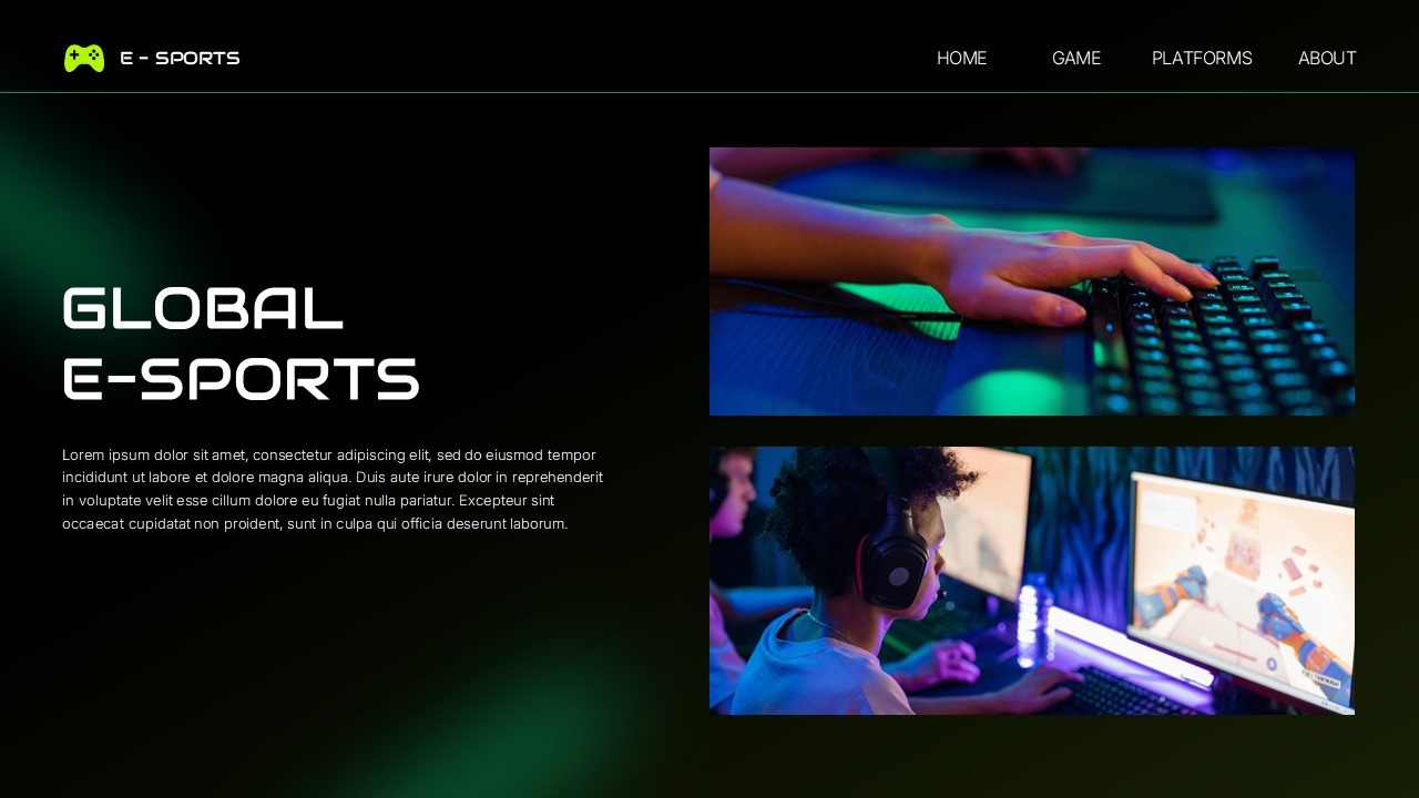 E-Sports Gaming Template - global e-sports slide with gaming setup images and text content areas