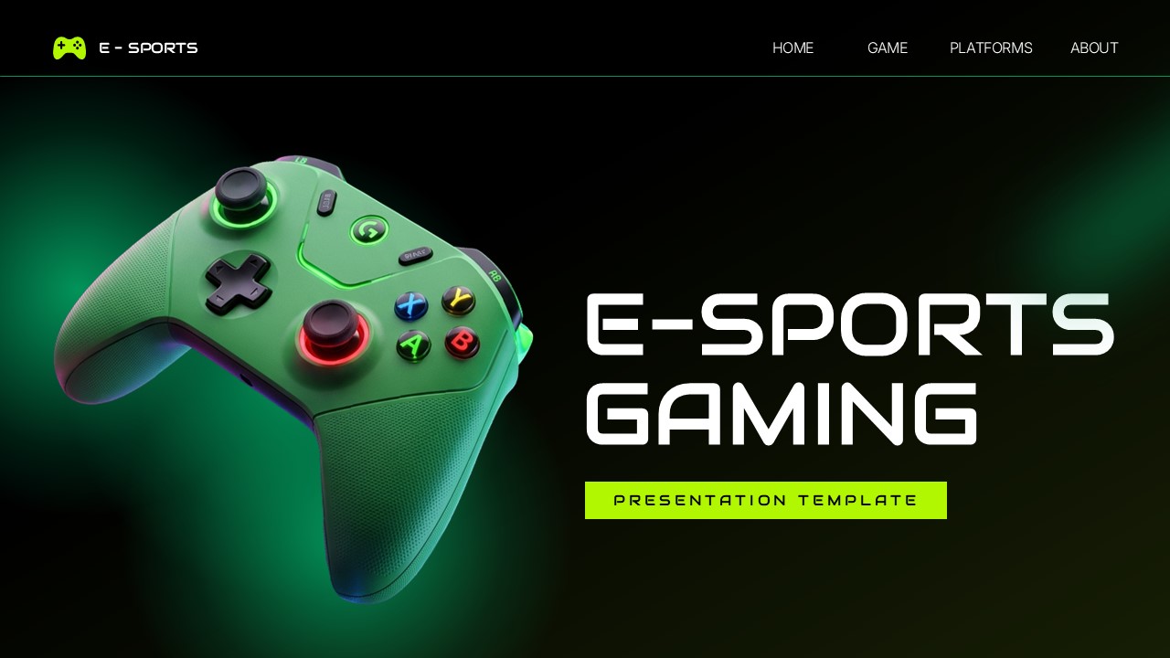 E-Sports Gaming Template - title slide with green gaming controller and presentation template text