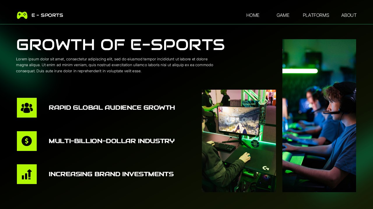 E-Sports Gaming Template - growth slide with three green metric boxes and gaming station image
