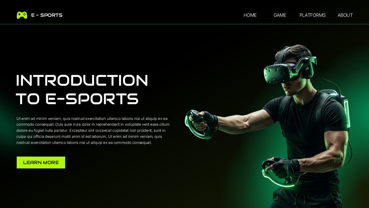 E-Sports Gaming Template - introduction slide with VR headset image and learn more button