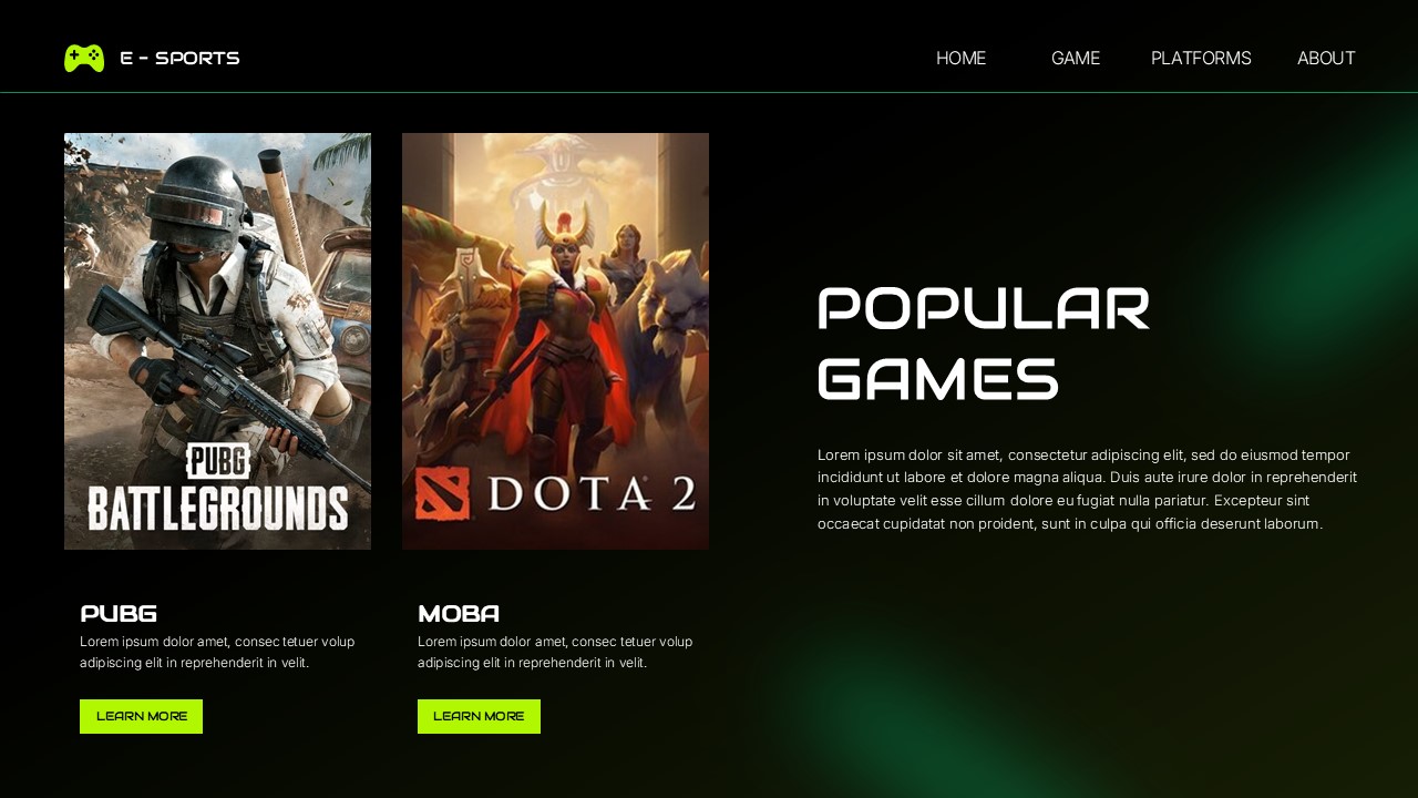 E-Sports Gaming Template - popular games slide showing PUBG and DOTA 2 game promotional images