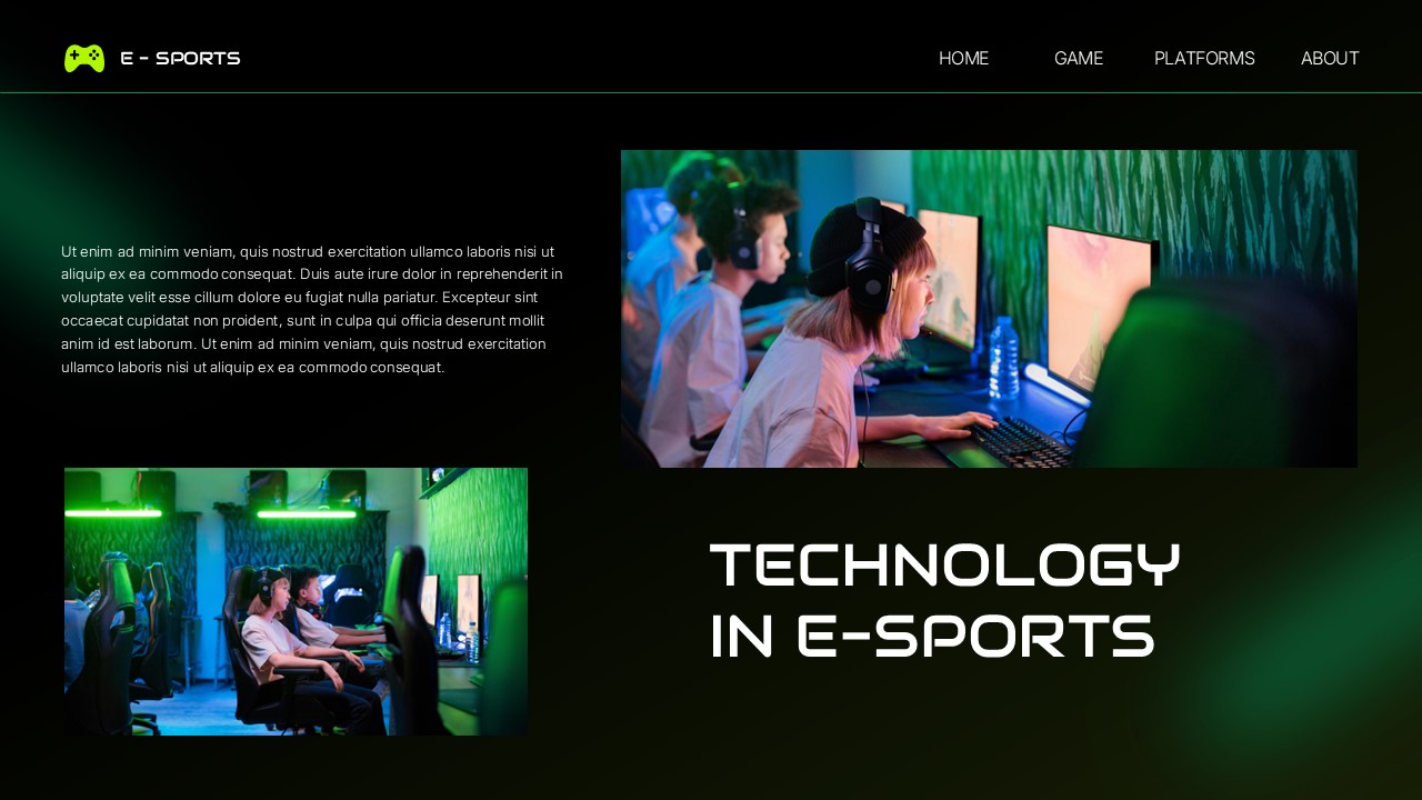 E-Sports Gaming Template - technology slide with RGB gaming setup photos and professional equipment