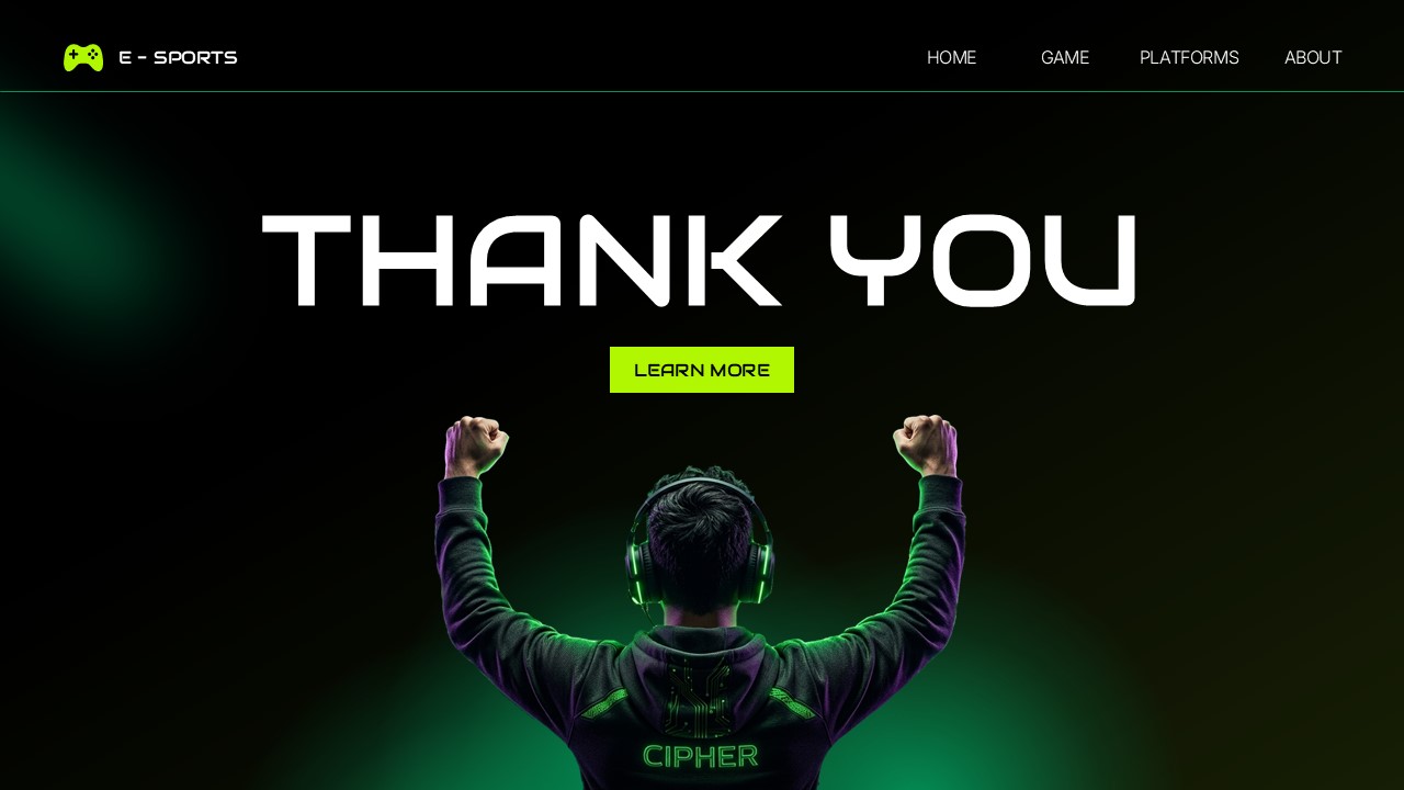 E-Sports Gaming Template - thank you slide with victory pose silhouette and learn more button