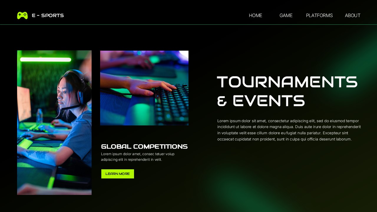 E-Sports Gaming Template - tournaments slide with competitive gaming photos and global competitions section